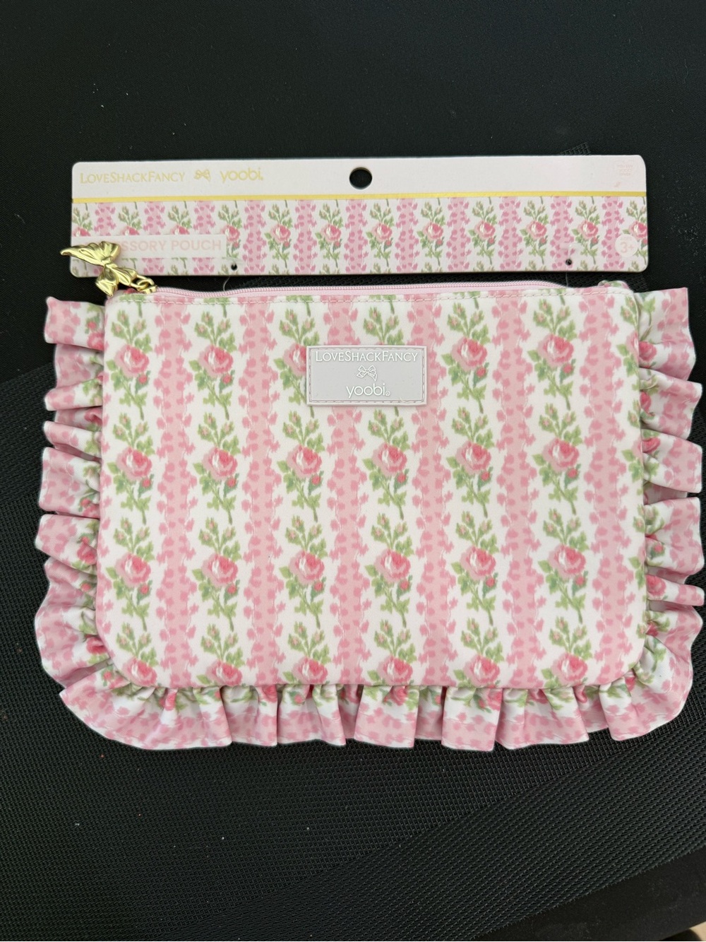 LoveShackFancy Pink Floral Ruffle Zip Pouch